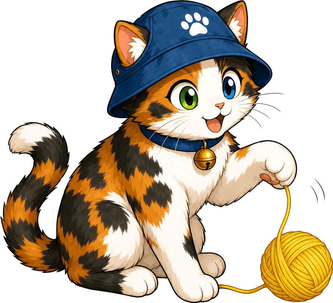 Calico the cat playing with a ball of yarn