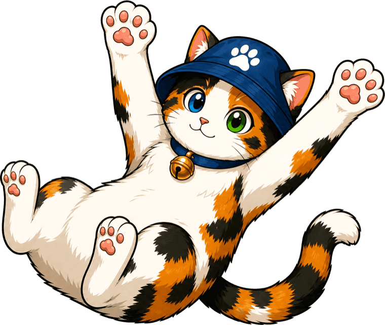 Calico the cat sprawled on its back