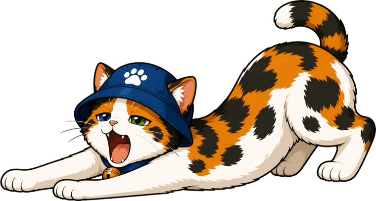Calico the cat stretching with a big yawn