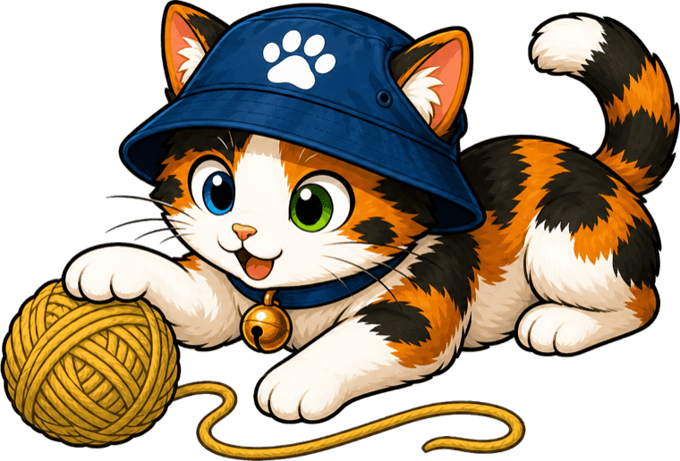 Calico the cat playing with a ball of yarn