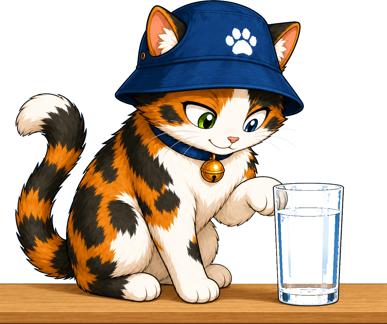 Calico the cat beside a glass of water
